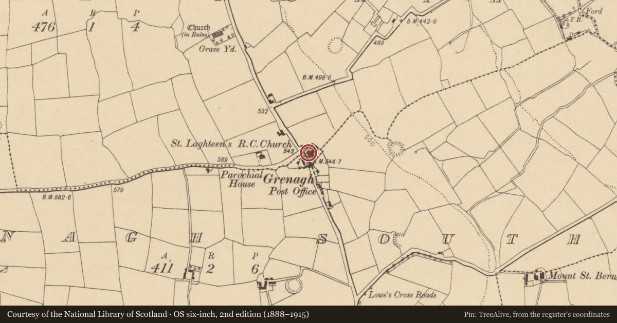 Ordnance Survey six-inch map, 2nd edition (1888–1915) covering the location of Church, Grenagh North, County Cork, with a pin at the register's coordinates