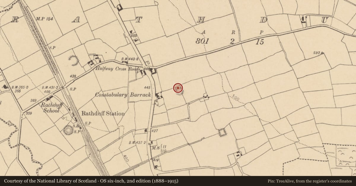 Ordnance Survey six-inch map, 2nd edition (1888–1915) covering the location of Ringfort - rath, Rathduff, County Cork, with a pin at the register's coordinates