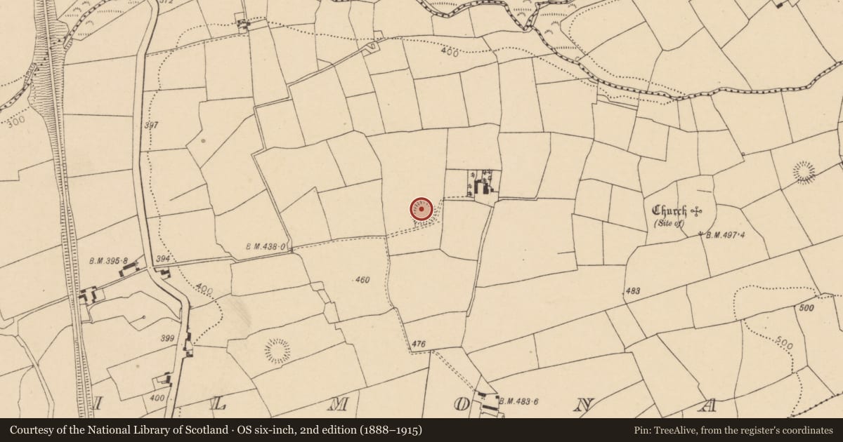 Ordnance Survey six-inch map, 2nd edition (1888–1915) covering the location of Ringfort - rath, Kilmona, County Cork, with a pin at the register's coordinates