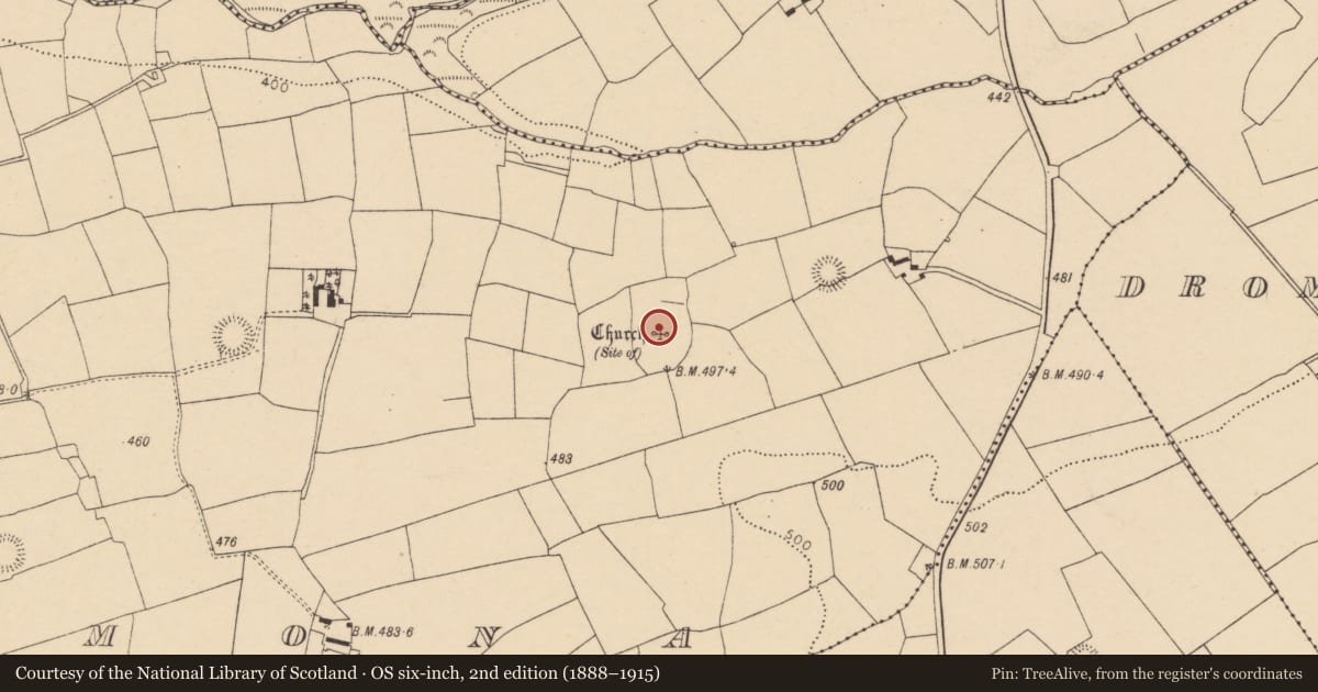 Ordnance Survey six-inch map, 2nd edition (1888–1915) covering the location of Ecclesiastical enclosure, Kilmona, County Cork, with a pin at the register's coordinates