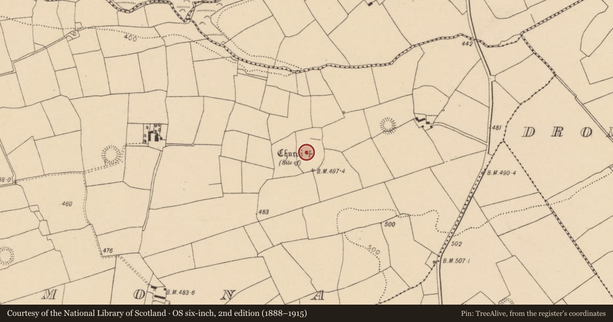 Ordnance Survey six-inch map, 2nd edition (1888–1915) covering the location of Church, Kilmona, County Cork, with a pin at the register's coordinates