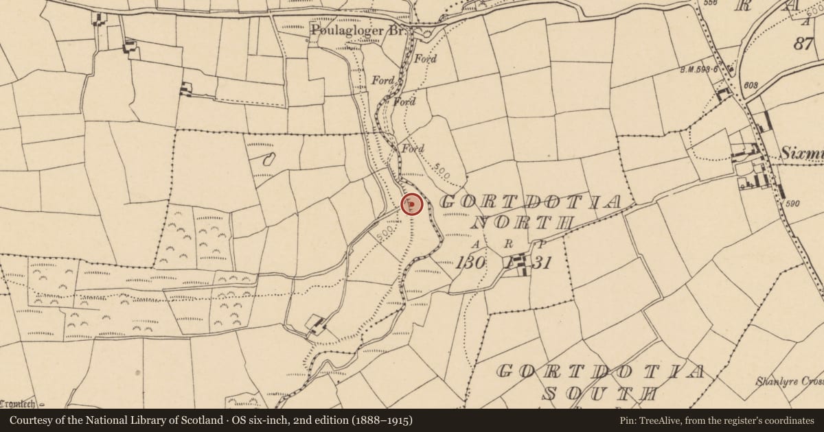 Ordnance Survey six-inch map, 2nd edition (1888–1915) covering the location of Souterrain, Glancam, County Cork, with a pin at the register's coordinates