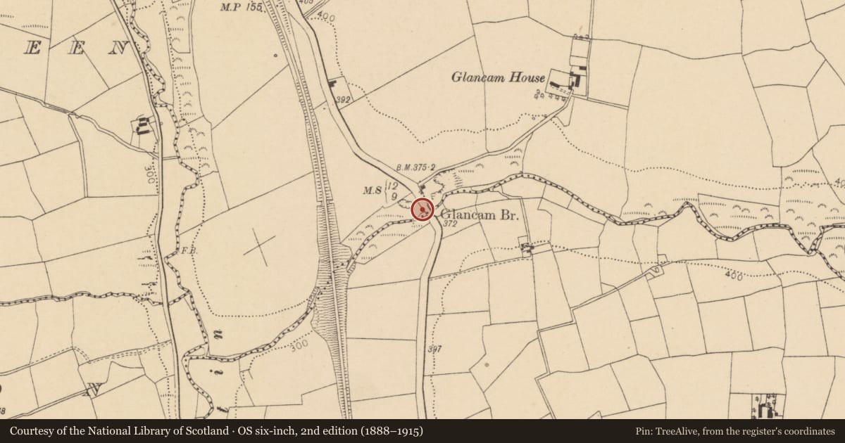 Ordnance Survey six-inch map, 2nd edition (1888–1915) covering the location of Bridge, Glancam, Kilmona, County Cork, with a pin at the register's coordinates