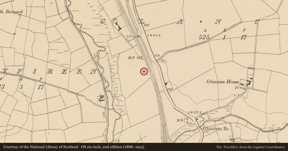 Ordnance Survey six-inch map, 2nd edition (1888–1915) covering the location of Fulacht fia, Glancam, County Cork, with a pin at the register's coordinates