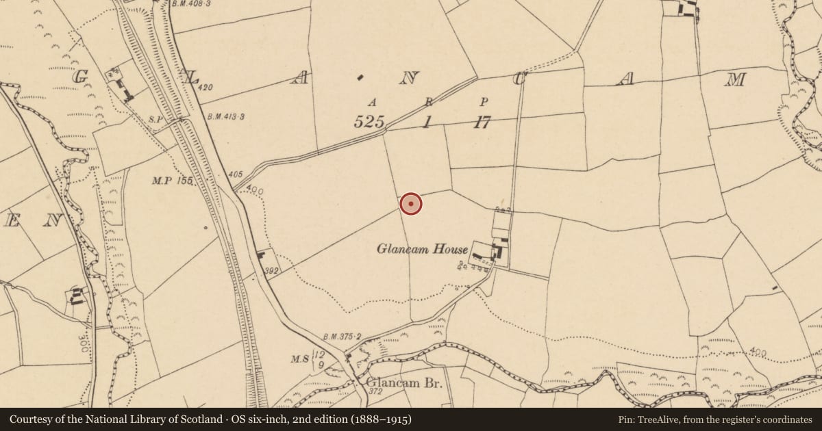 Ordnance Survey six-inch map, 2nd edition (1888–1915) covering the location of Fulacht fia, Glancam, County Cork, with a pin at the register's coordinates