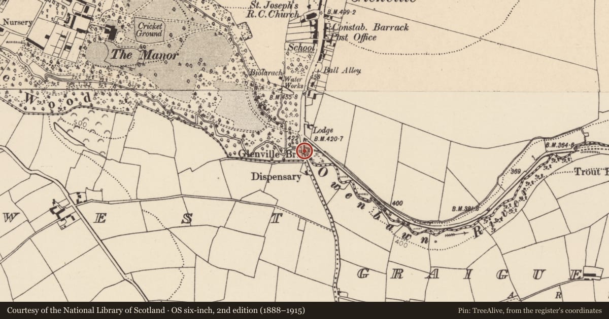 Ordnance Survey six-inch map, 2nd edition (1888–1915) covering the location of Bridge, Glenville, County Cork, with a pin at the register's coordinates