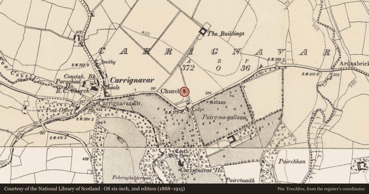 Ordnance Survey six-inch map, 2nd edition (1888–1915) covering the location of Church, Carrignavar, County Cork, with a pin at the register's coordinates