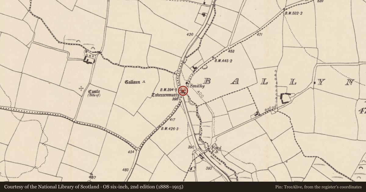 Ordnance Survey six-inch map, 2nd edition (1888–1915) covering the location of Ritual site - holy well, Ballybrack, County Cork, with a pin at the register's coordinates