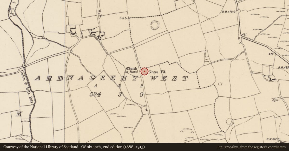 Ordnance Survey six-inch map, 2nd edition (1888–1915) covering the location of Graveyard, Ardnageehy West, County Cork, with a pin at the register's coordinates