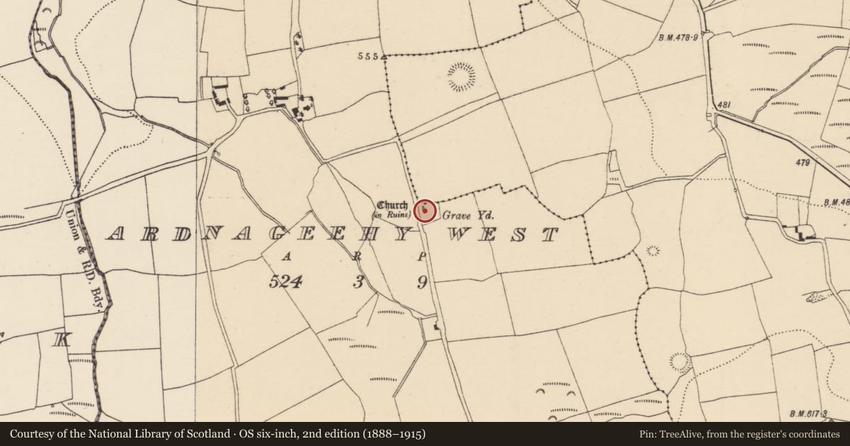 Ordnance Survey six-inch map, 2nd edition (1888–1915) covering the location of Church, Ardnageehy West, County Cork, with a pin at the register's coordinates