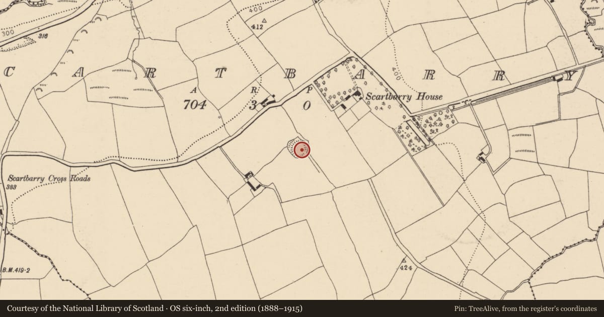 Ordnance Survey six-inch map, 2nd edition (1888–1915) covering the location of Ringfort - rath, Scartbarry, County Cork, with a pin at the register's coordinates