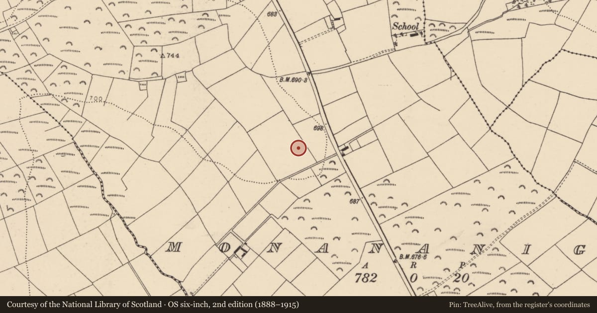 Ordnance Survey six-inch map, 2nd edition (1888–1915) covering the location of Barrow - ring-barrow, Monananig, County Cork, with a pin at the register's coordinates