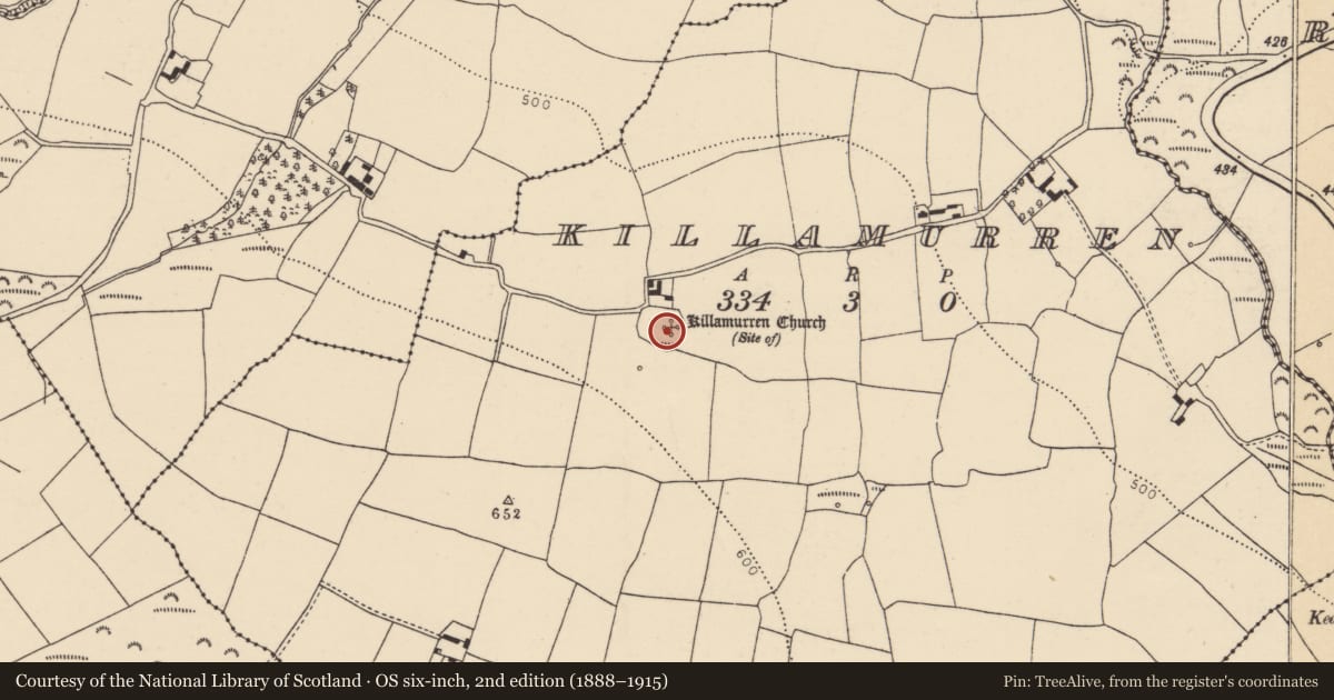 Ordnance Survey six-inch map, 2nd edition (1888–1915) covering the location of Ecclesiastical enclosure, Killamurren, County Cork, with a pin at the register's coordinates