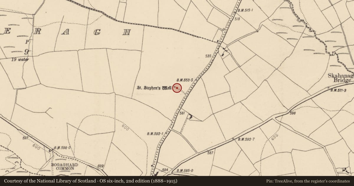 Ordnance Survey six-inch map, 2nd edition (1888–1915) covering the location of Ritual site - holy well, Tinageragh, County Cork, with a pin at the register's coordinates