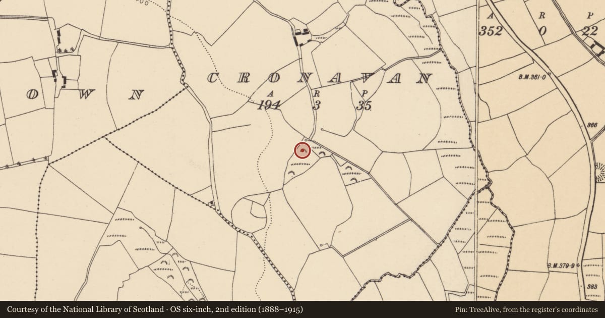 Ordnance Survey six-inch map, 2nd edition (1888–1915) covering the location of Fulacht fia, Cronavan, County Cork, with a pin at the register's coordinates