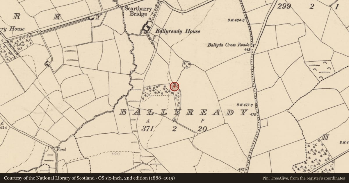 Ordnance Survey six-inch map, 2nd edition (1888–1915) covering the location of Fulacht fia, Ballyready, County Cork, with a pin at the register's coordinates