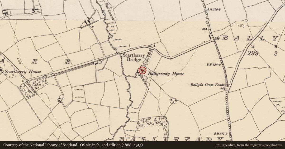 Ordnance Survey six-inch map, 2nd edition (1888–1915) covering the location of Country house, Ballyready, County Cork, with a pin at the register's coordinates