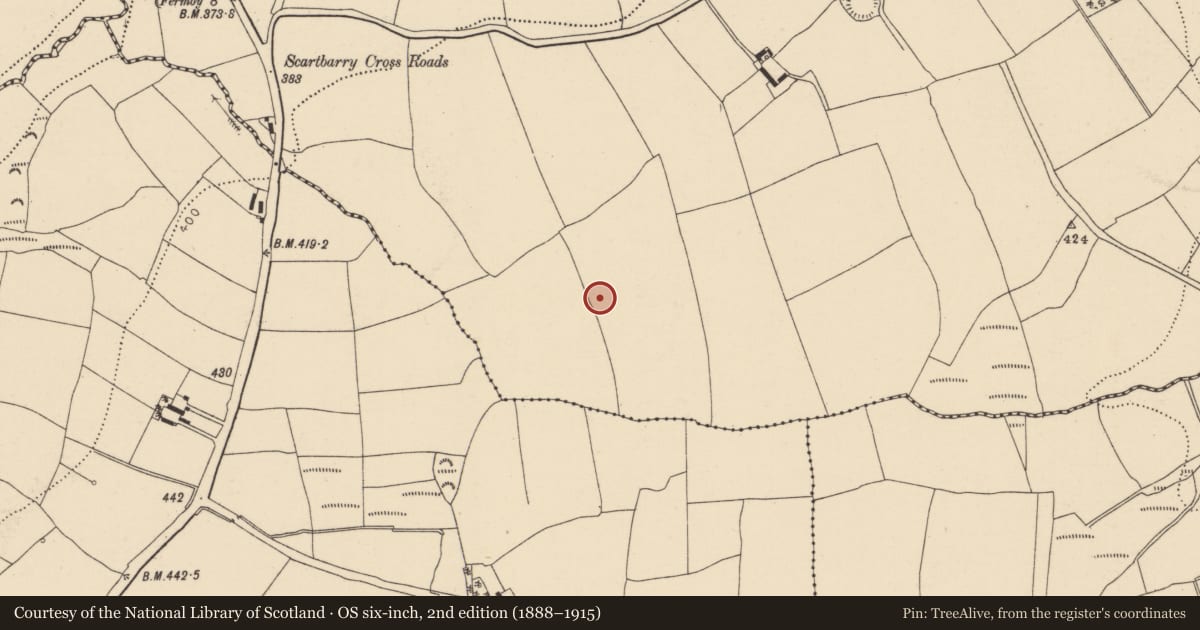 Ordnance Survey six-inch map, 2nd edition (1888–1915) covering the location of Enclosure, Scartbarry, County Cork, with a pin at the register's coordinates