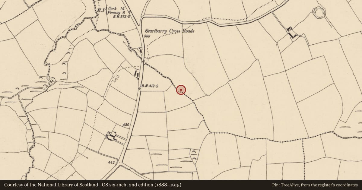 Ordnance Survey six-inch map, 2nd edition (1888–1915) covering the location of Enclosure, Scartbarry, County Cork, with a pin at the register's coordinates