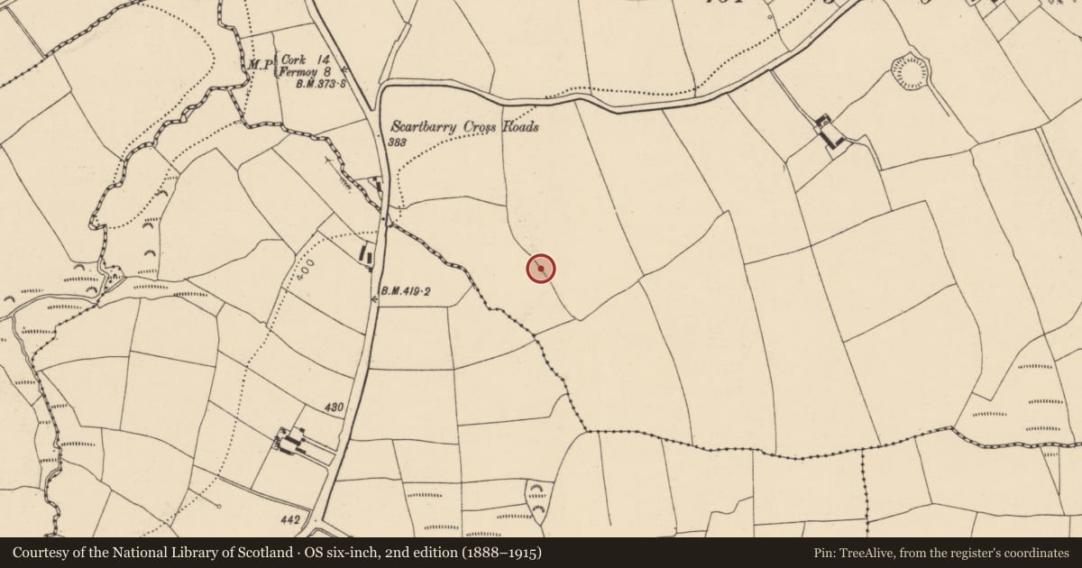 Ordnance Survey six-inch map, 2nd edition (1888–1915) covering the location of Enclosure, Scartbarry, County Cork, with a pin at the register's coordinates