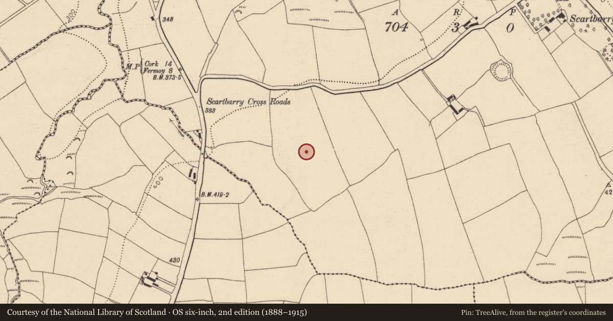 Ordnance Survey six-inch map, 2nd edition (1888–1915) covering the location of Enclosure, Scartbarry, County Cork, with a pin at the register's coordinates