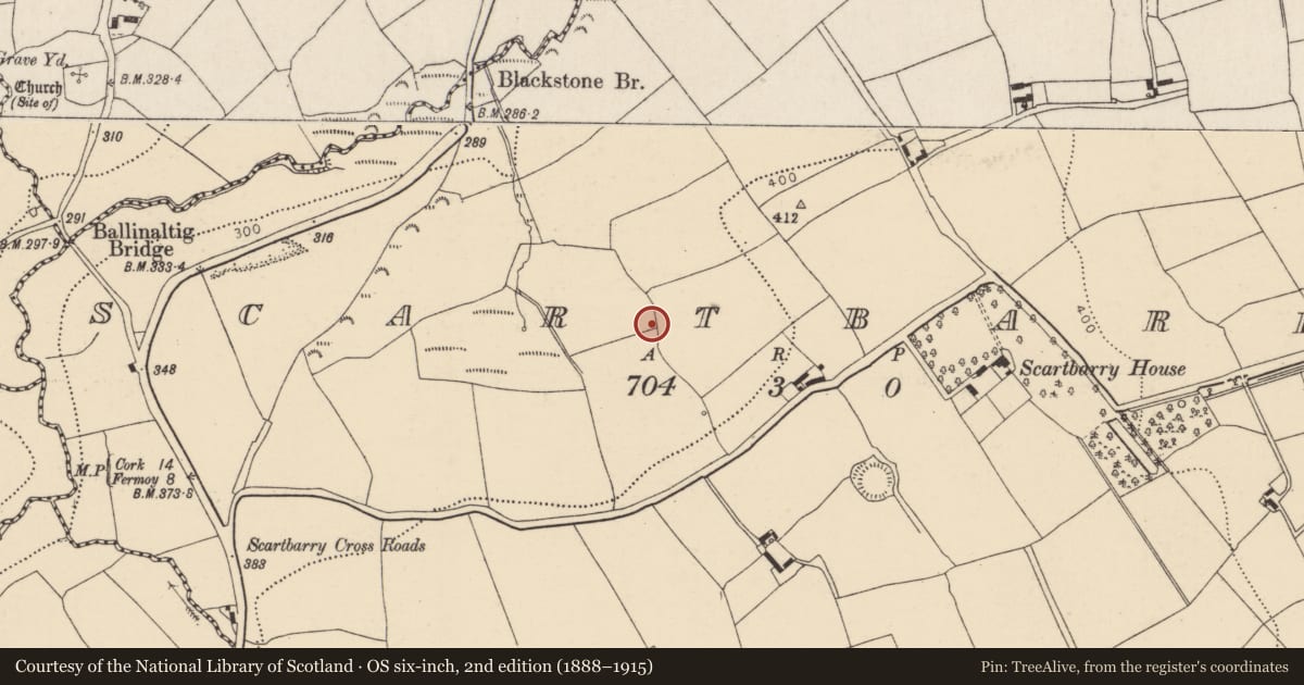 Ordnance Survey six-inch map, 2nd edition (1888–1915) covering the location of Fulacht fia, Scartbarry, County Cork, with a pin at the register's coordinates