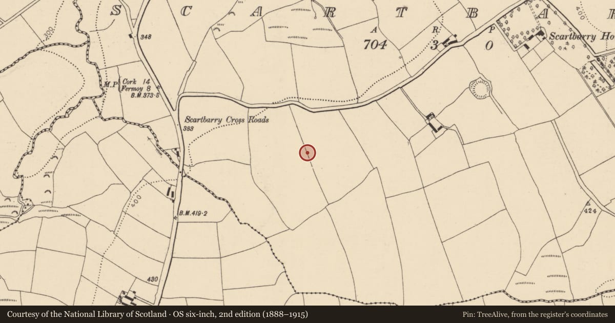 Ordnance Survey six-inch map, 2nd edition (1888–1915) covering the location of Kiln - corn-drying, Scartbarry, County Cork, with a pin at the register's coordinates