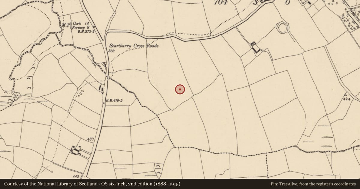 Ordnance Survey six-inch map, 2nd edition (1888–1915) covering the location of Excavation - miscellaneous, Scartbarry, County Cork, with a pin at the register's coordinates