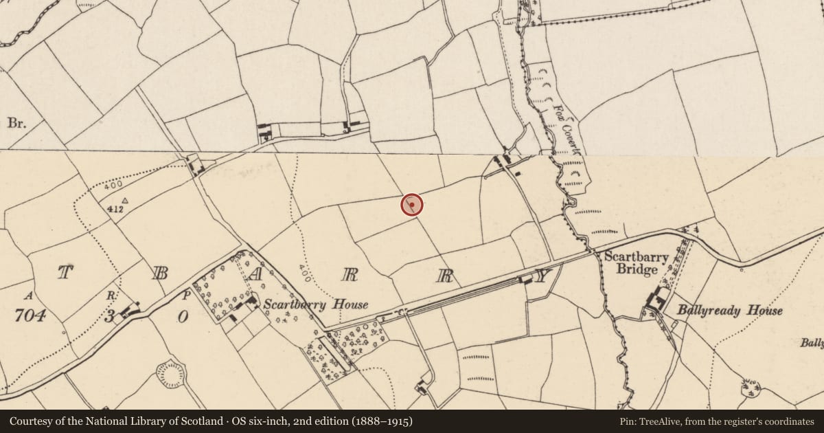 Ordnance Survey six-inch map, 2nd edition (1888–1915) covering the location of Fulacht fia, Scartbarry, County Cork, with a pin at the register's coordinates