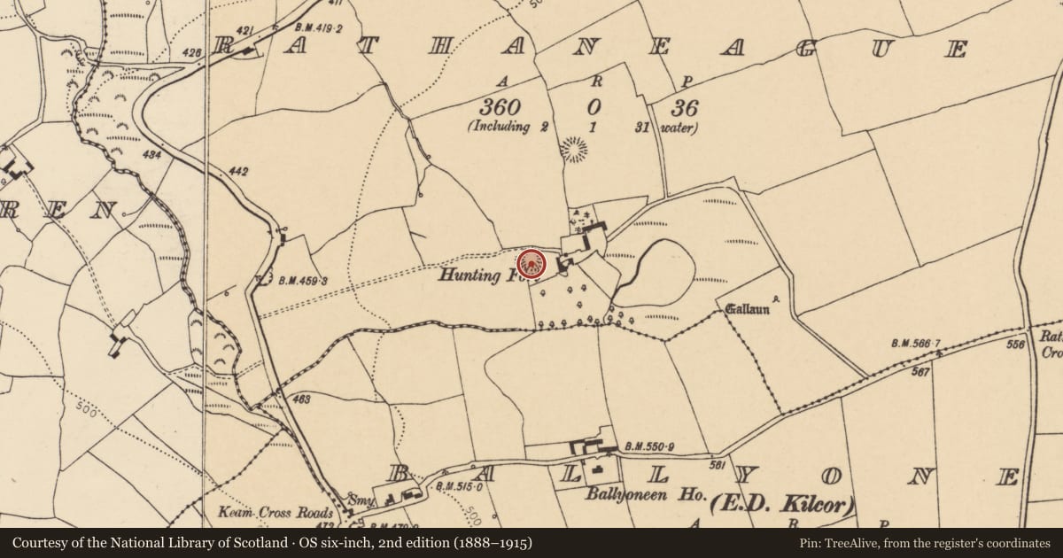 Ordnance Survey six-inch map, 2nd edition (1888–1915) covering the location of Ringfort - rath, Rathaneague, County Cork, with a pin at the register's coordinates