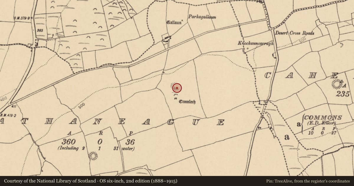 Ordnance Survey six-inch map, 2nd edition (1888–1915) covering the location of Souterrain, Rathaneague, County Cork, with a pin at the register's coordinates