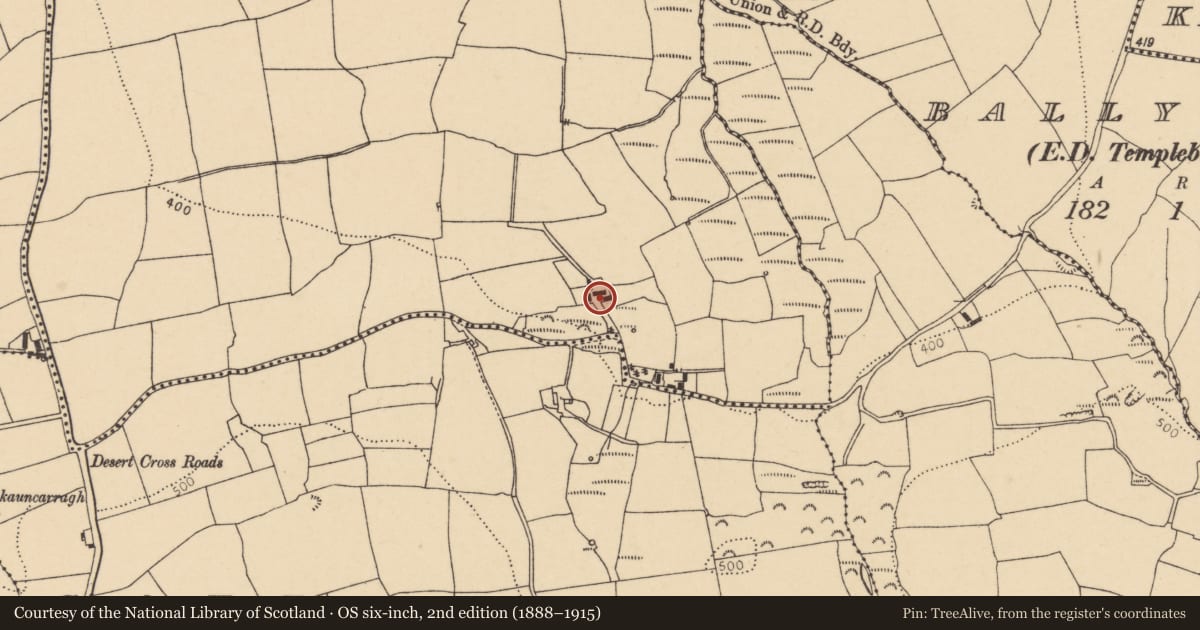 Ordnance Survey six-inch map, 2nd edition (1888–1915) covering the location of House - vernacular house, Desert, County Cork, with a pin at the register's coordinates
