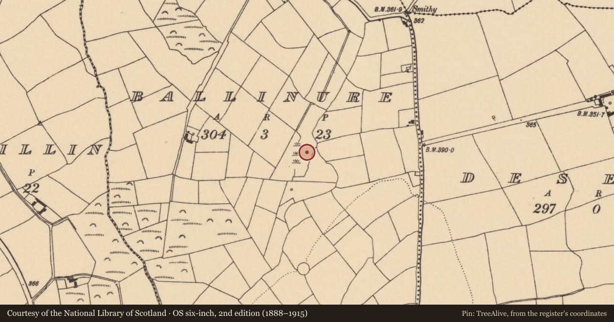 Ordnance Survey six-inch map, 2nd edition (1888–1915) covering the location of Earthwork, Ballinure, County Cork, with a pin at the register's coordinates