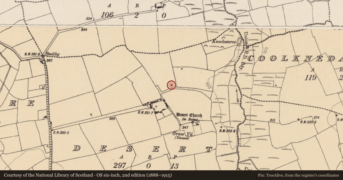 Ordnance Survey six-inch map, 2nd edition (1888–1915) covering the location of Fulacht fia, Desert, County Cork, with a pin at the register's coordinates