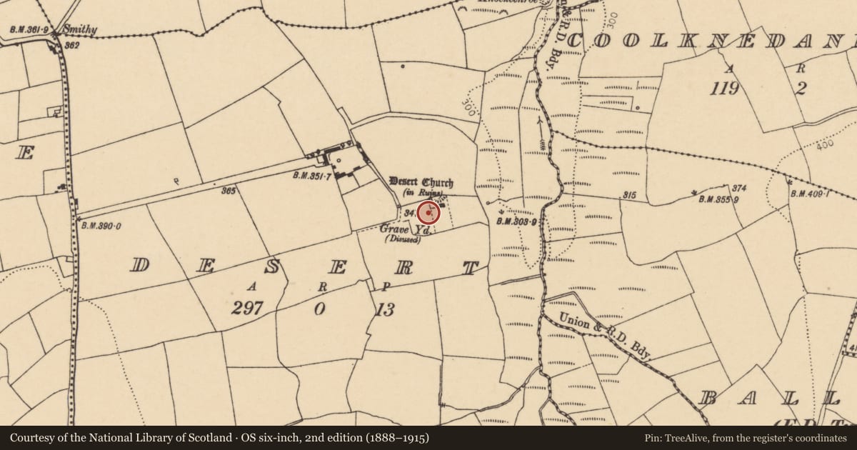 Ordnance Survey six-inch map, 2nd edition (1888–1915) covering the location of Ecclesiastical enclosure, Desert, County Cork, with a pin at the register's coordinates