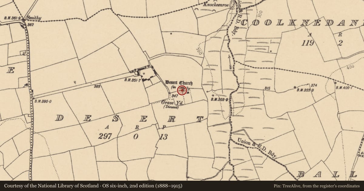 Ordnance Survey six-inch map, 2nd edition (1888–1915) covering the location of Graveyard, Desert, County Cork, with a pin at the register's coordinates