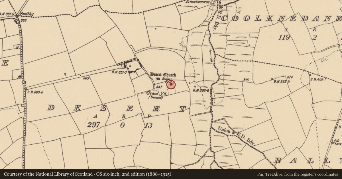 Ordnance Survey six-inch map, 2nd edition (1888–1915) covering the location of Church, Desert, County Cork, with a pin at the register's coordinates