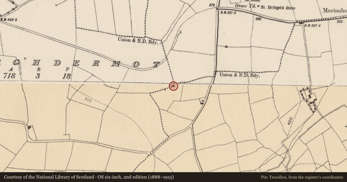 Ordnance Survey six-inch map, 2nd edition (1888–1915) covering the location of Fulacht fia, Curraghdermot, County Cork, with a pin at the register's coordinates