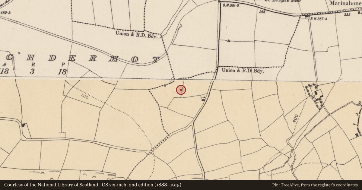 Ordnance Survey six-inch map, 2nd edition (1888–1915) covering the location of Fulacht fia, Barrafohona, County Cork, with a pin at the register's coordinates