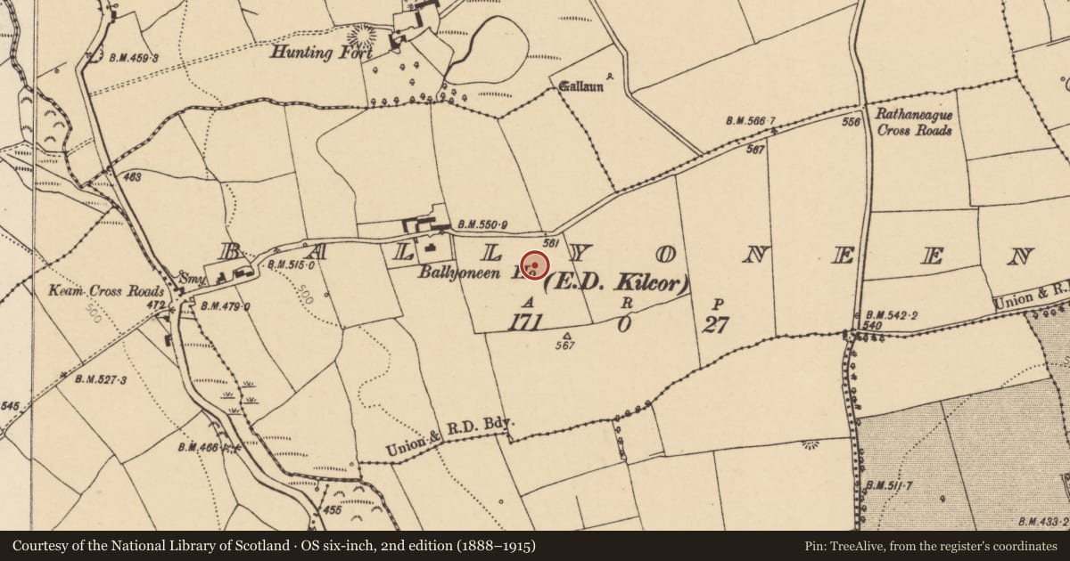 Ordnance Survey six-inch map, 2nd edition (1888–1915) covering the location of Ringfort - rath, Ballyoneen (Barrymore By., Gortroe Par.), County Cork, with a pin at the register's coordinates