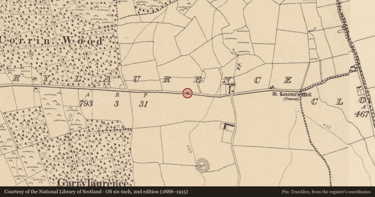 Ordnance Survey six-inch map, 2nd edition (1888–1915) covering the location of Burial ground, Garrylaurence, County Cork, with a pin at the register's coordinates