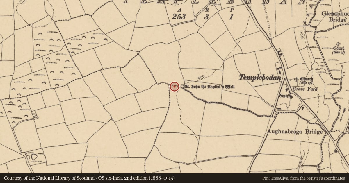 Ordnance Survey six-inch map, 2nd edition (1888–1915) covering the location of Fulacht fia, Templebodan, County Cork, with a pin at the register's coordinates