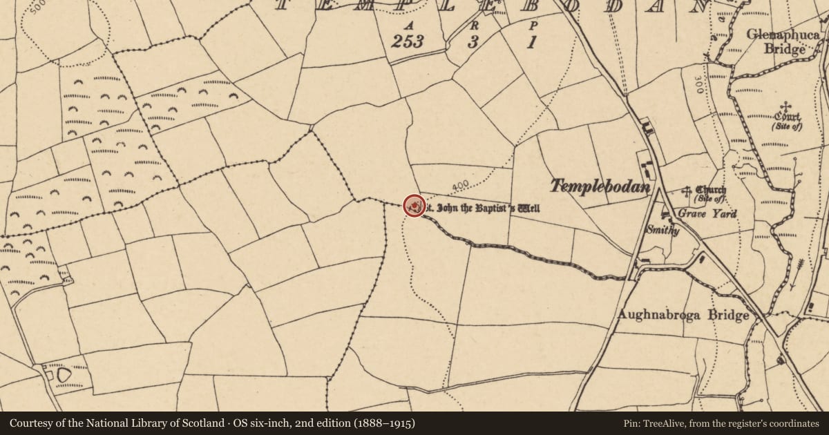 Ordnance Survey six-inch map, 2nd edition (1888–1915) covering the location of Ritual site - holy well, Templebodan, County Cork, with a pin at the register's coordinates