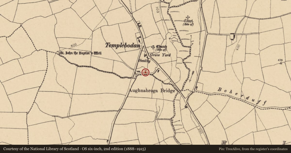 Ordnance Survey six-inch map, 2nd edition (1888–1915) covering the location of Church, Templebodan, County Cork, with a pin at the register's coordinates