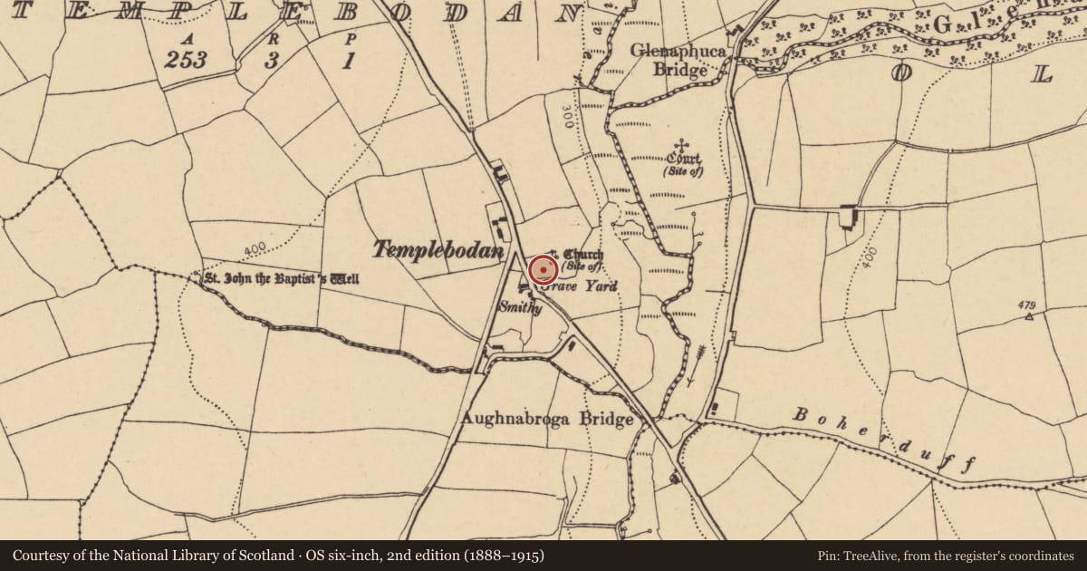 Ordnance Survey six-inch map, 2nd edition (1888–1915) covering the location of Graveyard, Templebodan, County Cork, with a pin at the register's coordinates