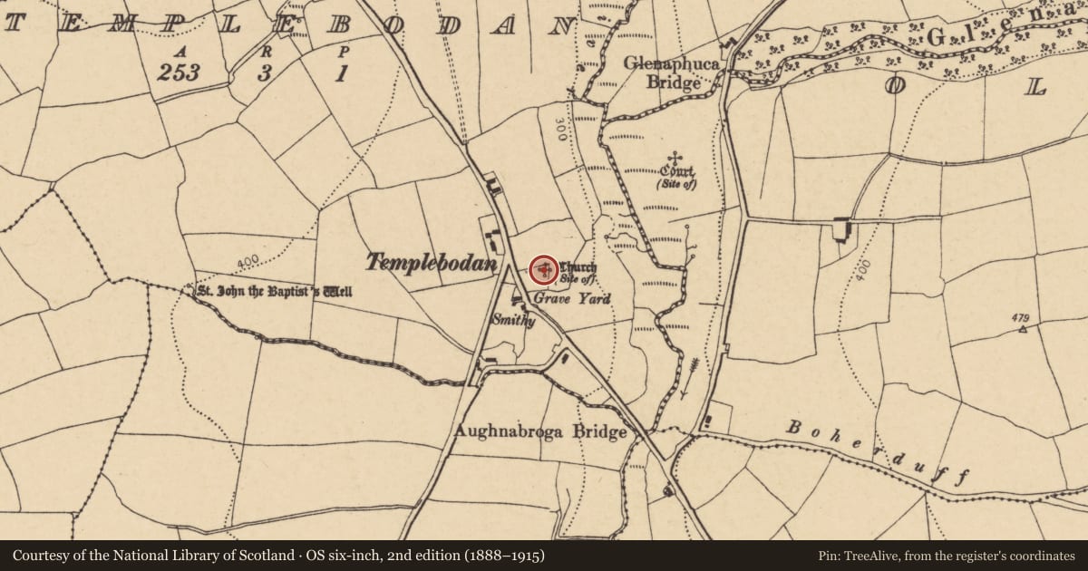 Ordnance Survey six-inch map, 2nd edition (1888–1915) covering the location of Church, Templebodan, County Cork, with a pin at the register's coordinates