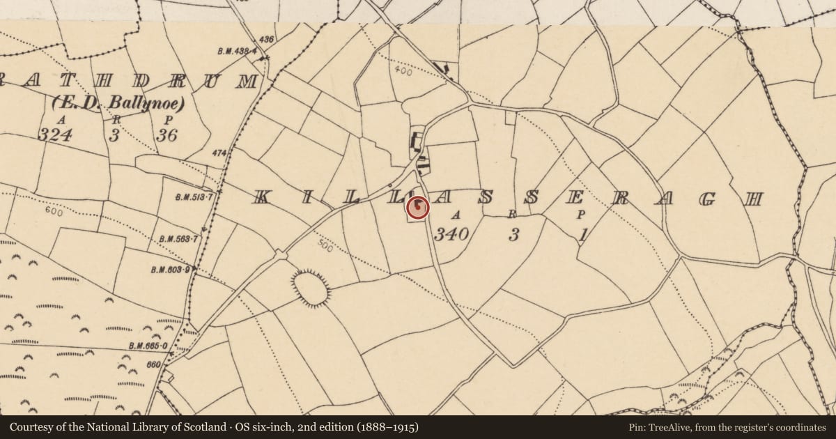 Ordnance Survey six-inch map, 2nd edition (1888–1915) covering the location of House - vernacular house, Killasseragh, County Cork, with a pin at the register's coordinates