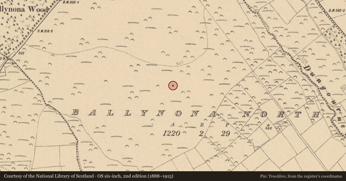 Ordnance Survey six-inch map, 2nd edition (1888–1915) covering the location of Burial ground, Ballynona North, County Cork, with a pin at the register's coordinates