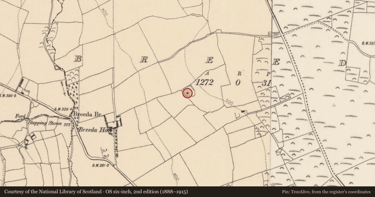 Ordnance Survey six-inch map, 2nd edition (1888–1915) covering the location of Earthwork, Breeda, County Cork, with a pin at the register's coordinates