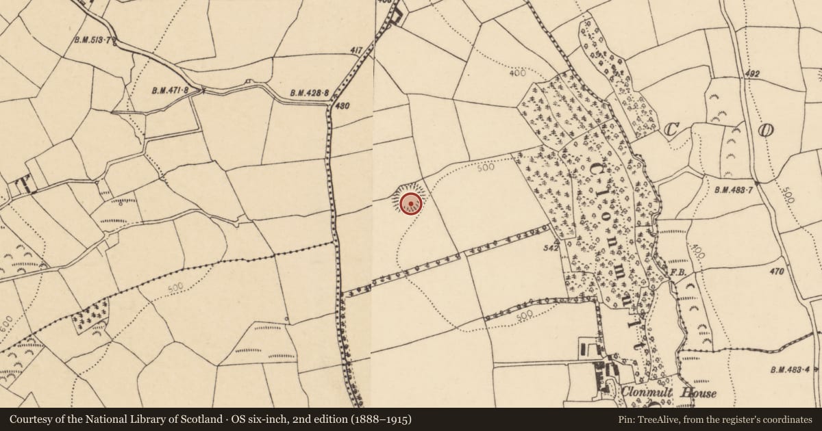Ordnance Survey six-inch map, 2nd edition (1888–1915) covering the location of Ringfort - rath, Clonmult, County Cork, with a pin at the register's coordinates